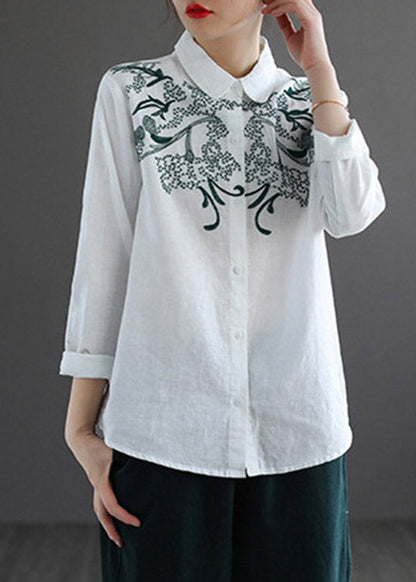 White Peter Pan Collar Embroideried Shirt Long Sleeve