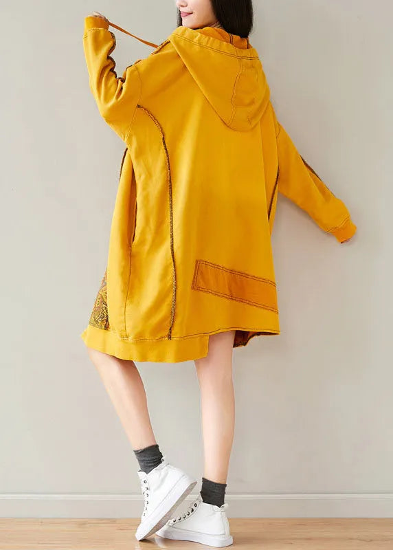 Yellow Drawstring Hooded Sweatshirts Dresses Spring