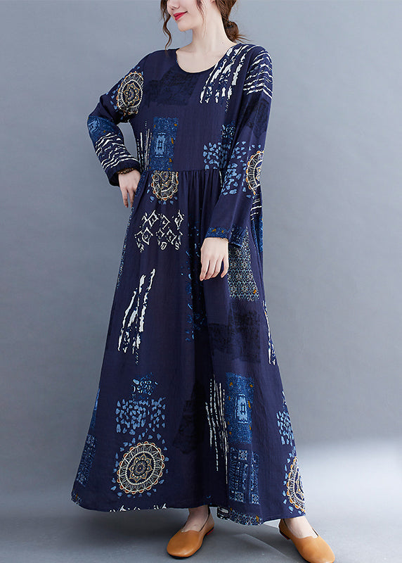 Blue O-neck Wrinkled Print Vacation Dresses Long Sleeve