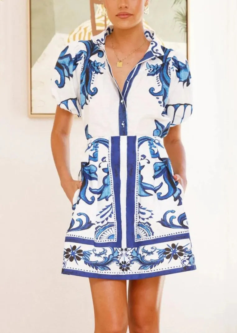 New Blue Stand Collar Shirts and Skirts Linen Two Pieces Set Summer