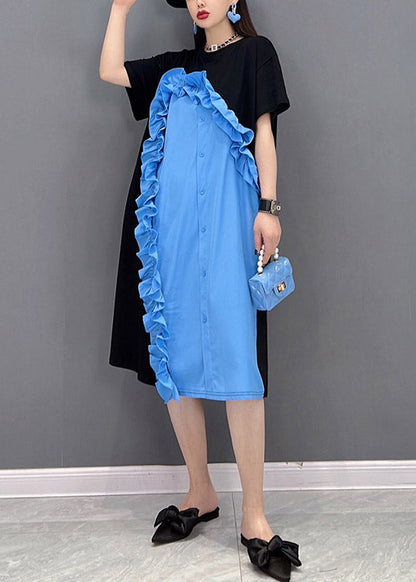 Blue O-neck Ruffled Patchwork Button Dress Short Sleeve