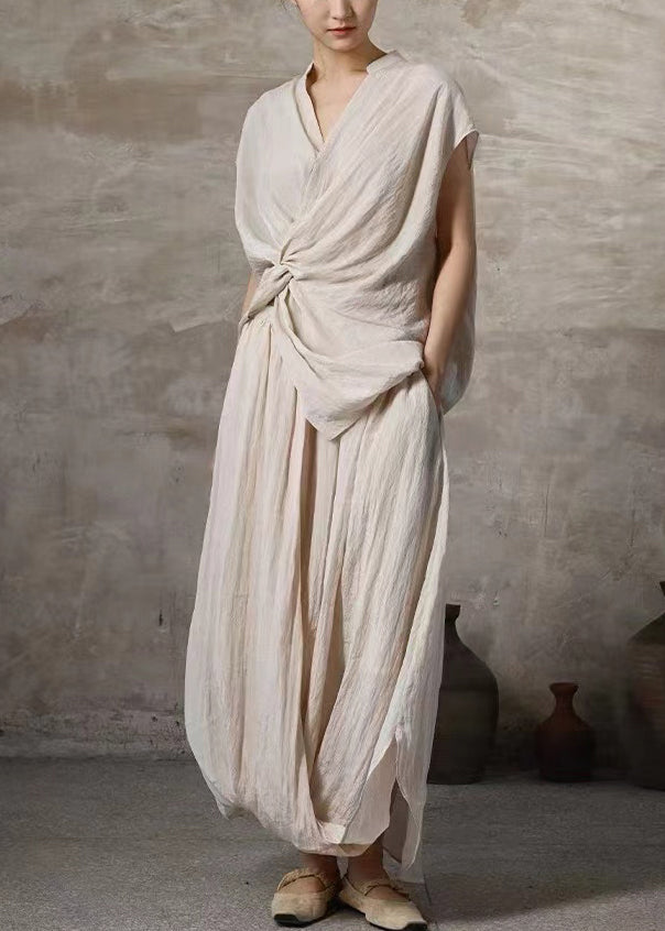 Beige Wrinkled Pockets Linen Two Pieces Set Summer