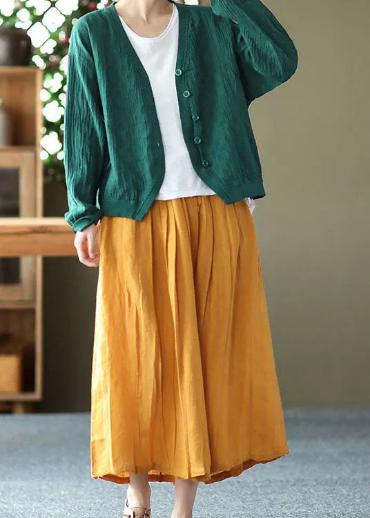 Yellow Wrinkled Patchwork Drawstring Linen Skirts Spring