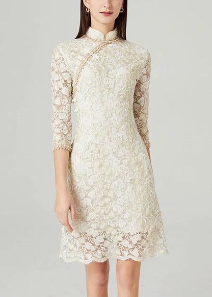 French Beige Stand Collar Nail Bead Oriental Button Lace Mid Dress Spring