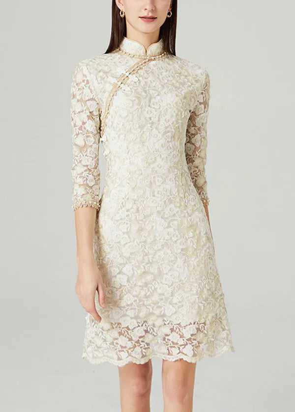 French Beige Stand Collar Nail Bead Oriental Button Lace Mid Dress Spring