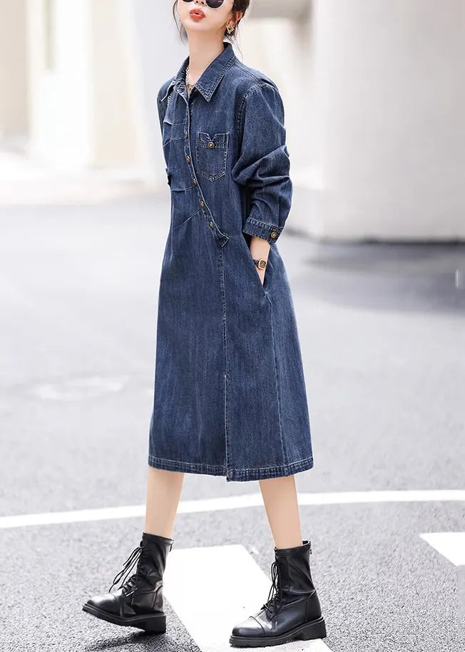 Vogue Blue Asymmetrical Patchwork Side Openopen Button Denim Long Dresses Fall