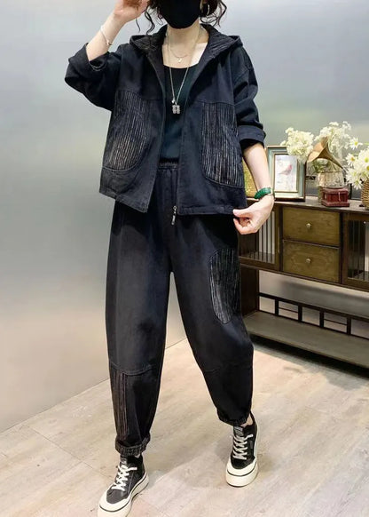 Black Patchwork Denim Two Piece Set Tops and Pants Fall