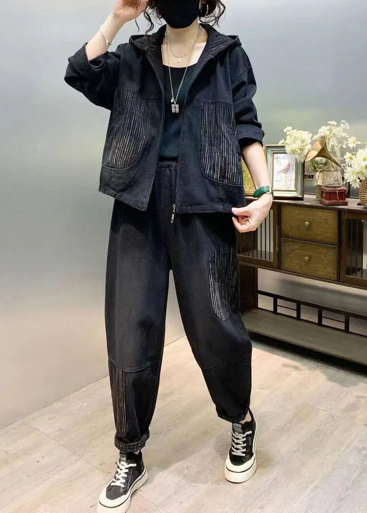 Black Patchwork Denim Two Piece Set Tops and Pants Fall