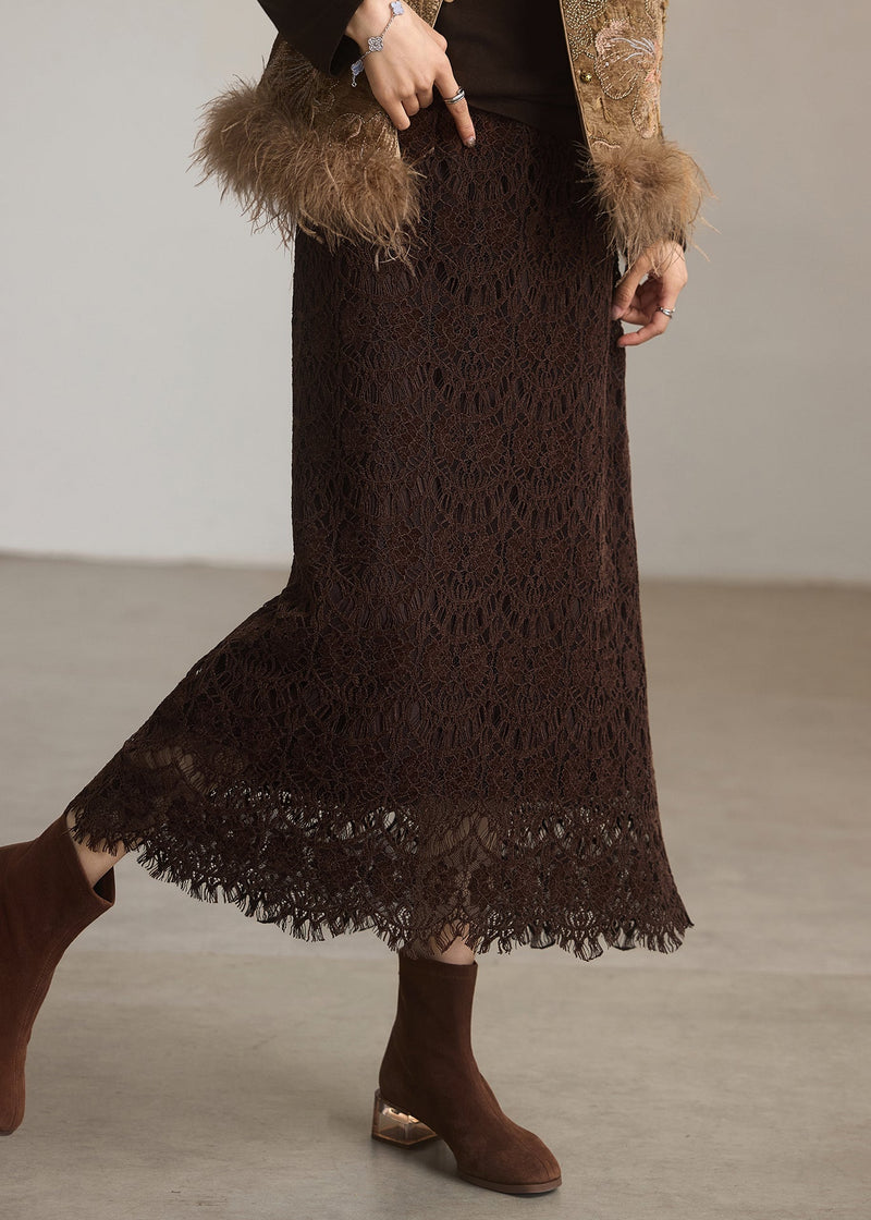 Italian Coffee Elastic Waist Slim Fit Lace Skirt Spring