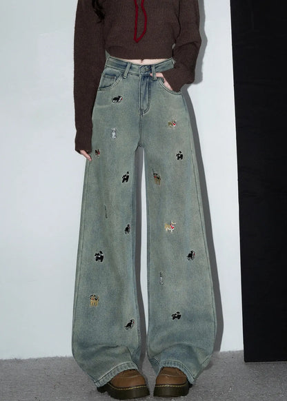 Denim Blue Embroidered Pockets Warm Fleece Pants