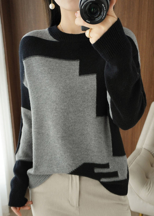 Grey Asymmetrical Patchwork Wool Knit Top Fall