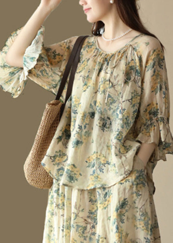 O-neck Print Tie Waist Ramie Shirts Flare Sleeve