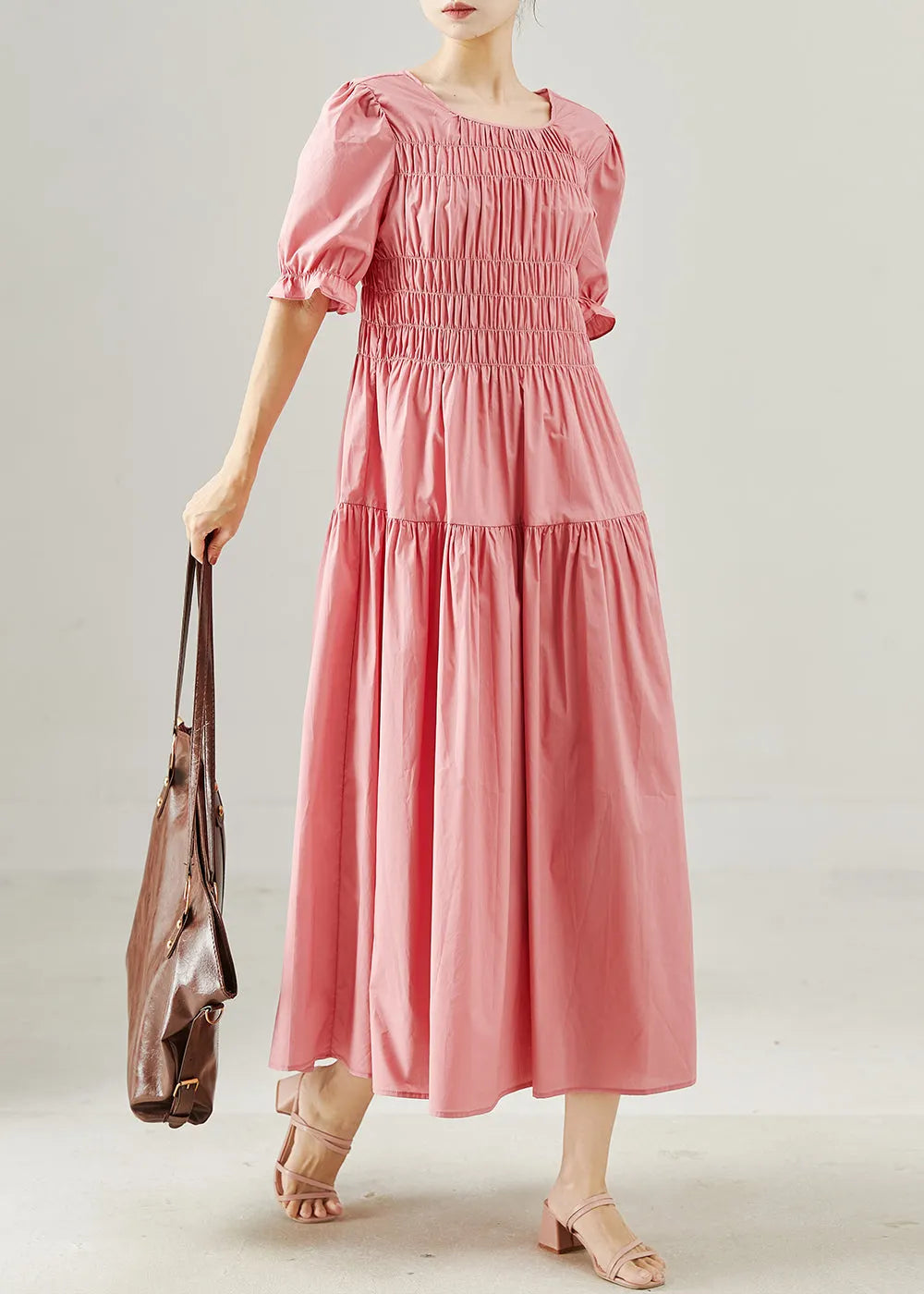 Pink Wrinkled Silm Fit Cotton Holiday Dress Summer