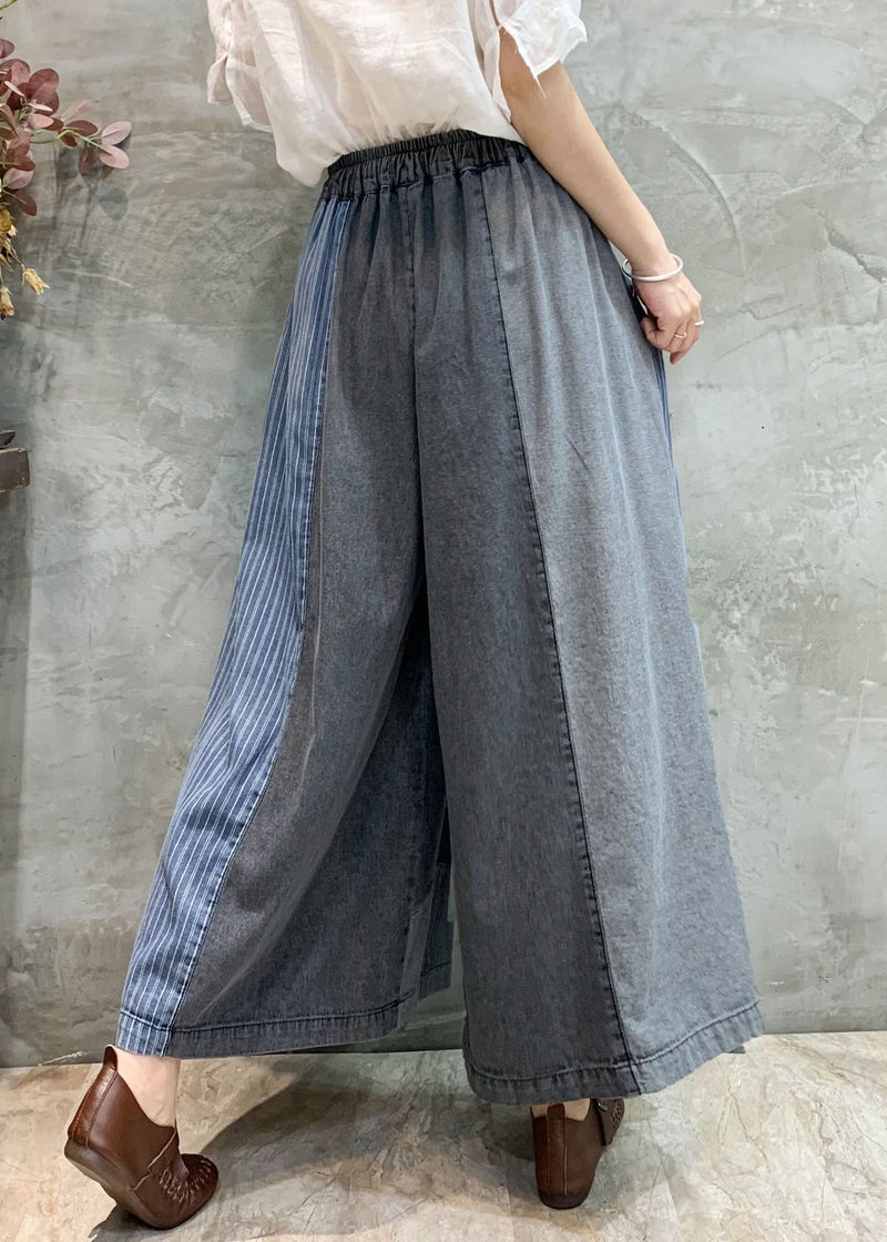Grey Pockets Patchwork Denim Wide Leg Pants Fall