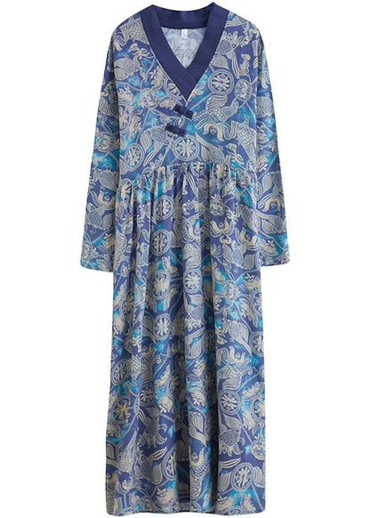 Style Blue Wrinkled V Neck Exra Large Hem Cotton Long Dresses Long Sleeve