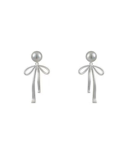 Fine Grey Copper Alloy Pearl Bow Drop Earrings