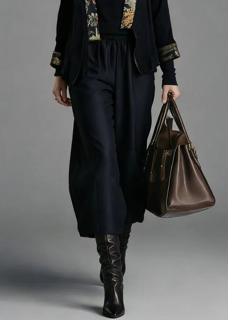 Chinese Style Cardigans and Wide Leg Pants Silk Two Pieces Set Spring