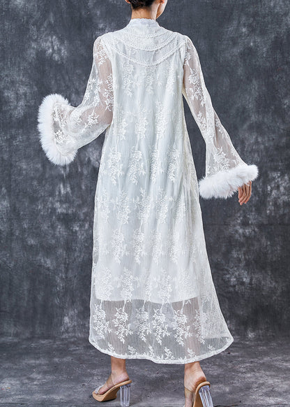 White Embroidered Patchwork Mink Hair Lace Dresses Spring