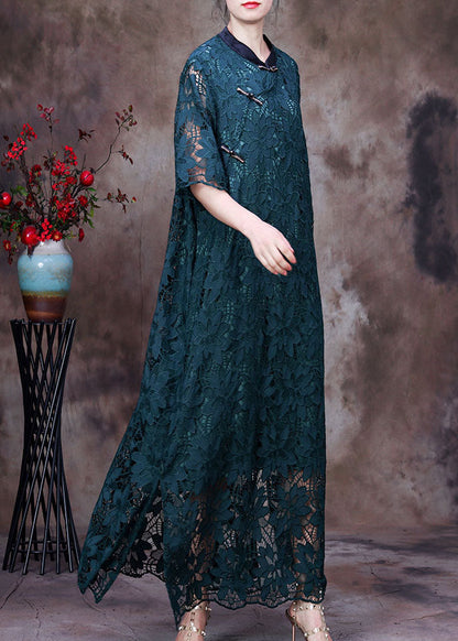 Green Button Embroideried Side Open Lace Long Dress Half Sleeve