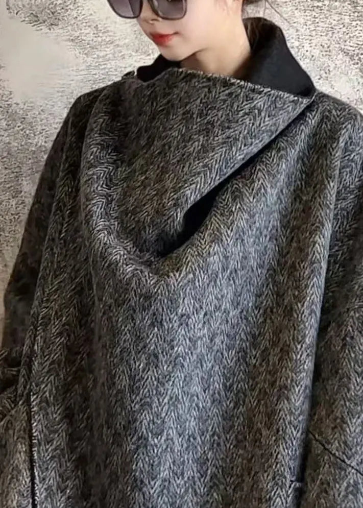 Dark Grey V Neck Print Pockets Wool Coats Fall