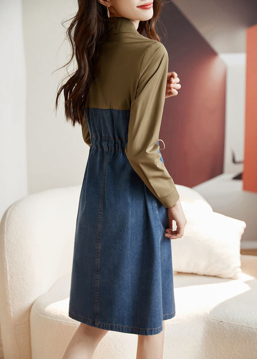 Colorblock Drawstring Pockets Patchwork Dresses Long Sleeve