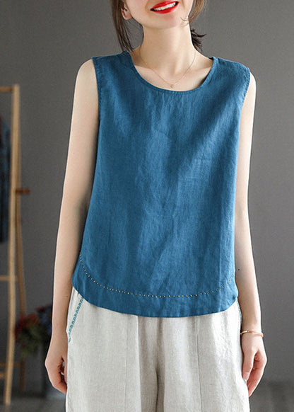 Simple Blue O-neck Embroideried Linen Beach Vest Sleeveless