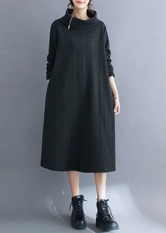 Black Asymmetrical Turtleneck Cotton Long Dress Fall