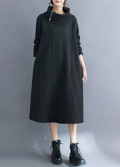 Black Asymmetrical Turtleneck Cotton Long Dress Fall