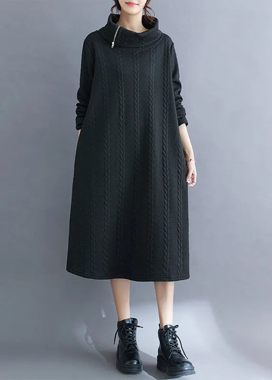 Black Asymmetrical Turtleneck Cotton Long Dress Fall
