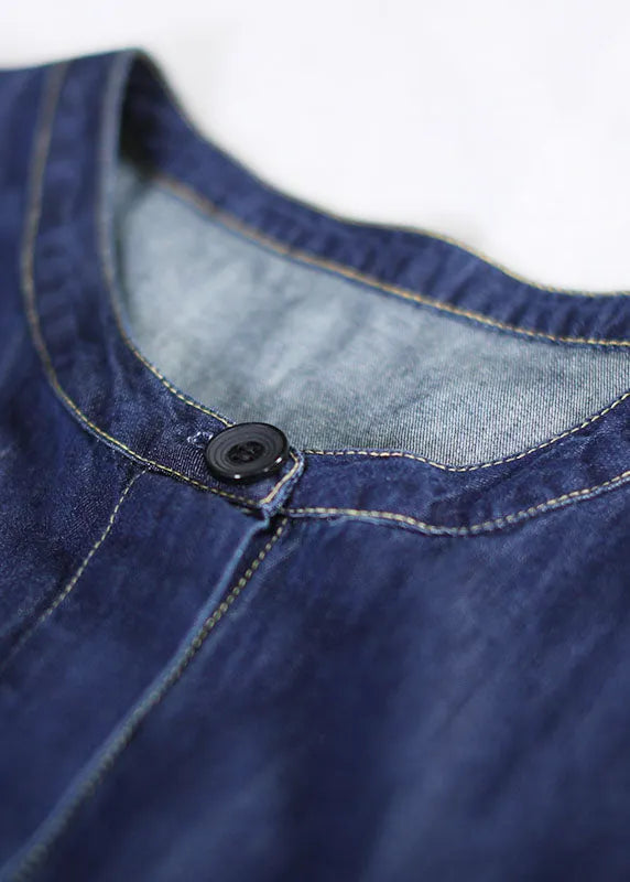 Art Denim Blue O-neck Patchwork Cotton Shirt Dresses Lantern Sleeve