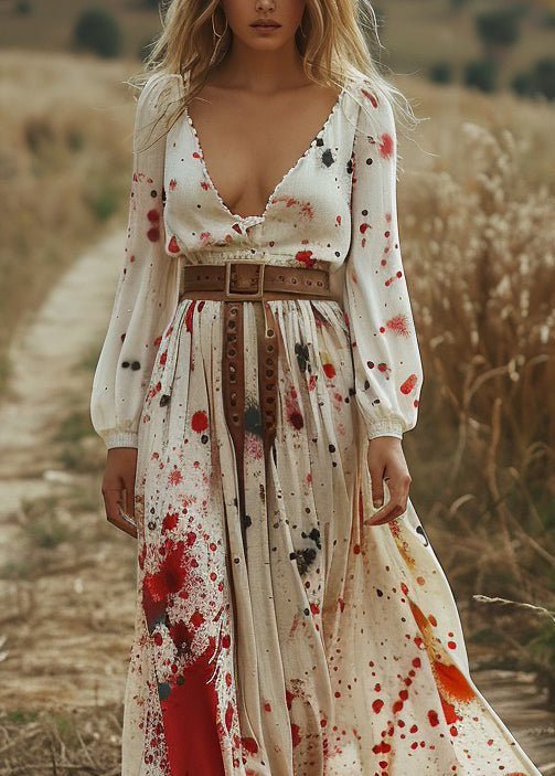 Beige V Neck Print Cotton Long Dress Spring