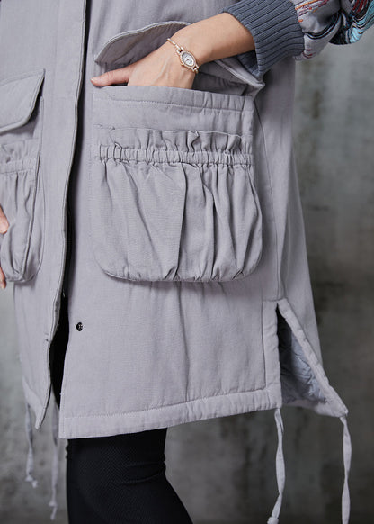Grey Hooded Print Pockets Fine Cotton Filled Coats Winter