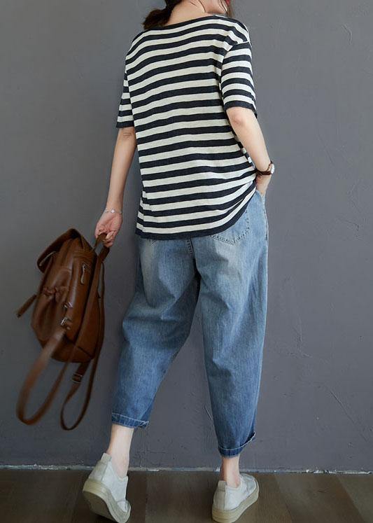 Black White Striped V Neck Button Top Summer