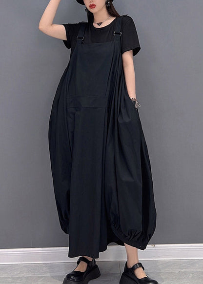 Black O-neck Asymmetrical Pockets Long Dresses Sleeveless