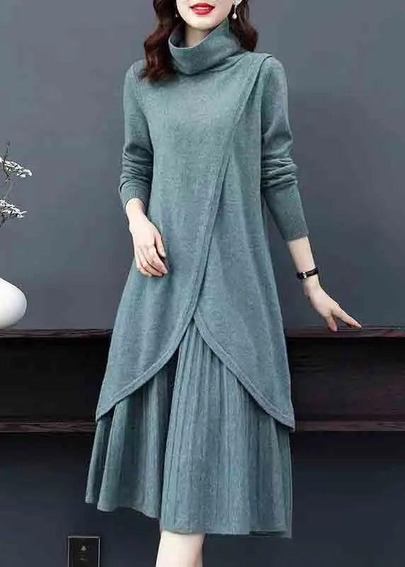 New Blue Turtleneck Tops and Skirts Wool Knit Two-piece Set Winter