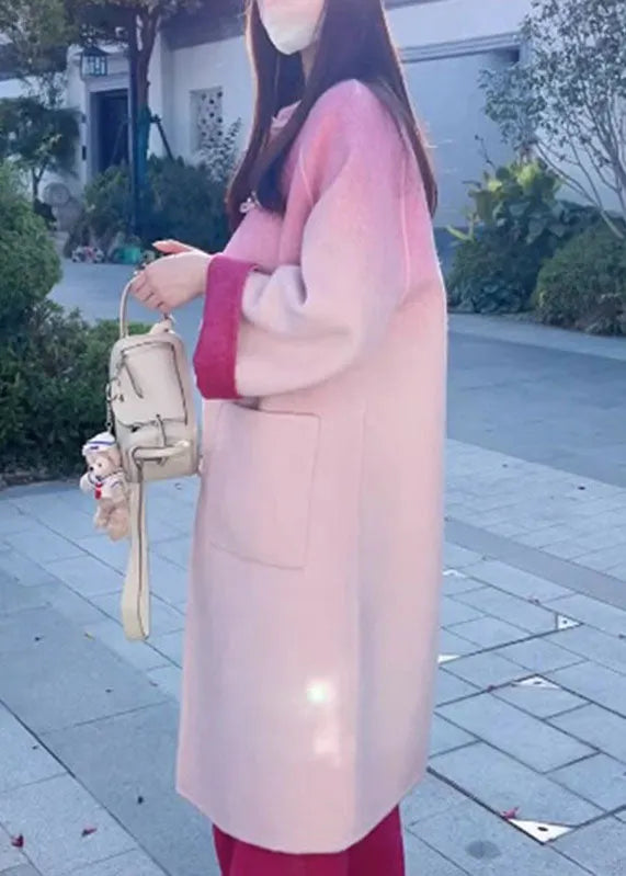Gradient Color Rose Woolen Coats and Wide Leg Pants Two Pieces Set Fall