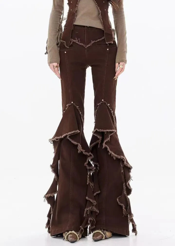 Unique Coffee Raw Edge High Waist Denim Flared Trousers Fall