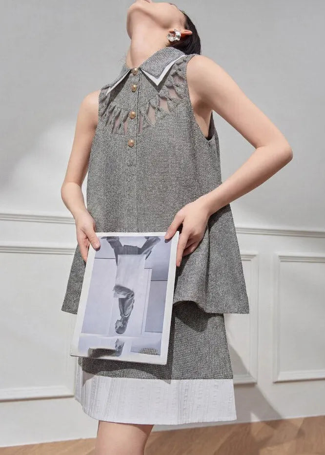 Art Grey Peter Pan Collar Hollow Out Top and Skirts Two Pieces Set Summer