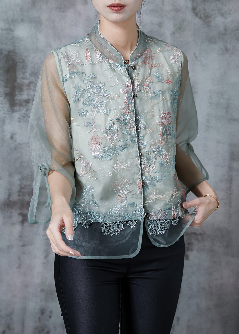 Green Mandarin Collar Embroidered Tulle Shirt Tops Summer