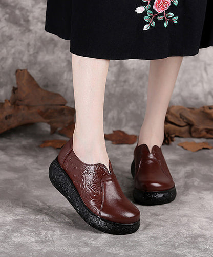 Chocolate Cowhide Leather Embossed High Wedge Heels Shoes
