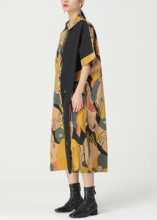 Khaki Print Pockets Patchwork Cotton Shirts Dress Short Sleeve