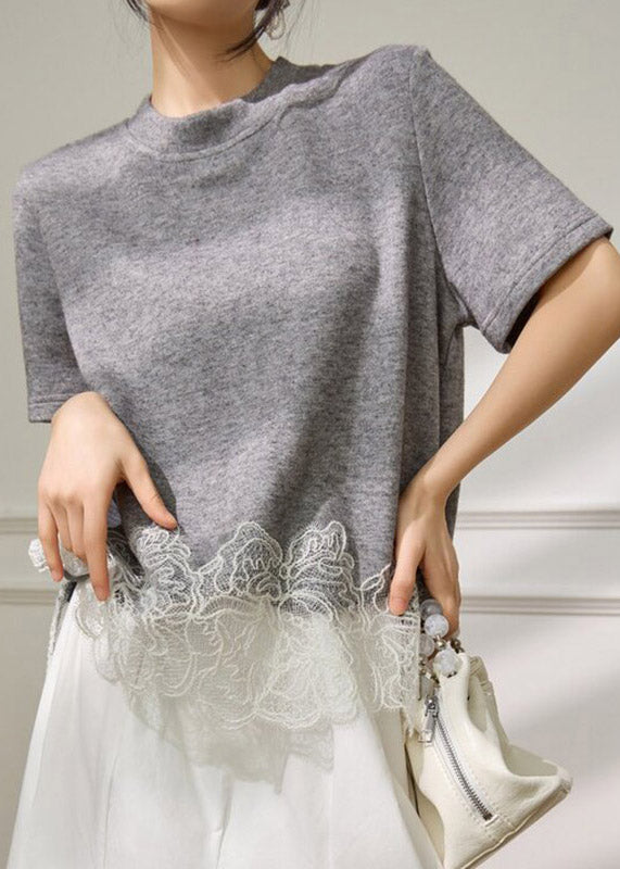 Grey Lace Patchwork Top Short Sleeve