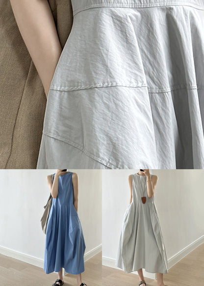 New Blue O-neck Pockets Cotton Long Dresses Sleeveless Summer