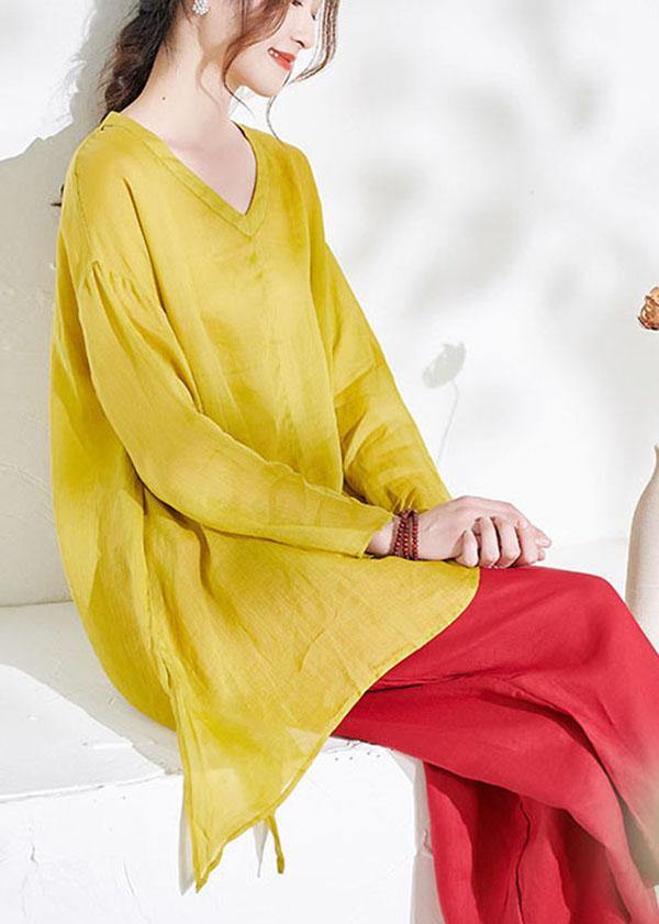 Yellow V Neck Asymmetrical Design Summer Ramie Shirt Long Sleeve