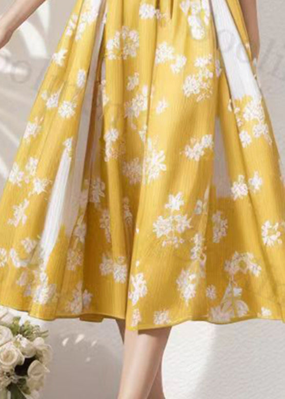 Yellow Stand Collar Tie Waist Silk Maxi Dresses Short Sleeve