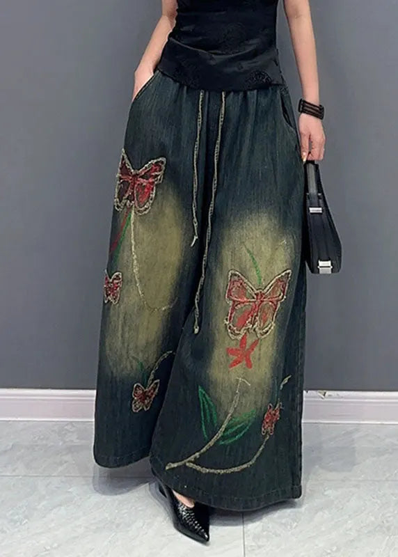 Embroideried Pockets Wide Leg Jeans