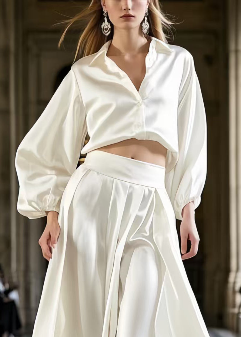 French Milk White Draping Fine Silk Two Piece Set Clothing Spring