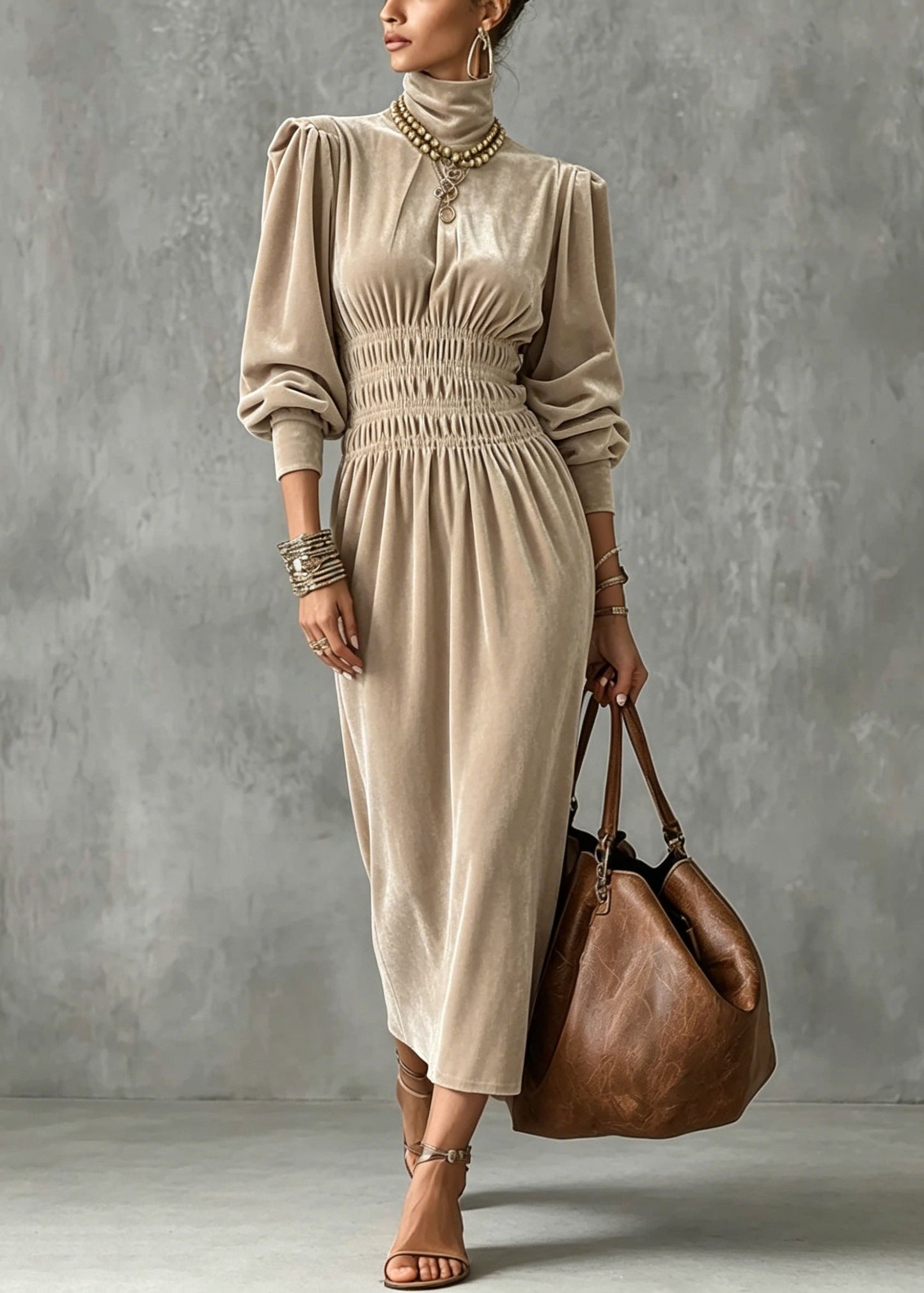 Apricot Hign Neck Wrinkled Patchwork Velvet Dress Lantern Sleeve
