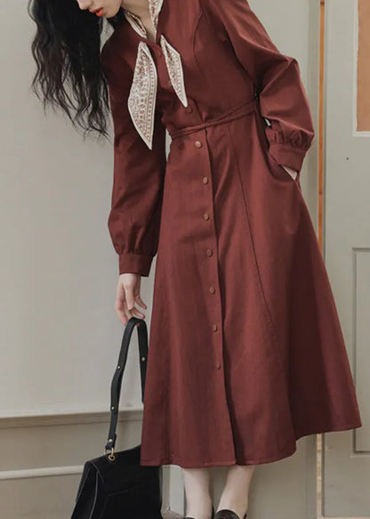 Slim Fit Red Bow Button Pockets Maxi Dress Spring