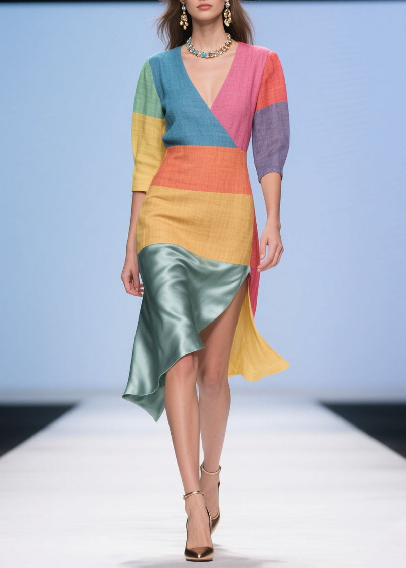 Italian Multicolored Asymmetrical Patchwork Linen Silk Dress Summer